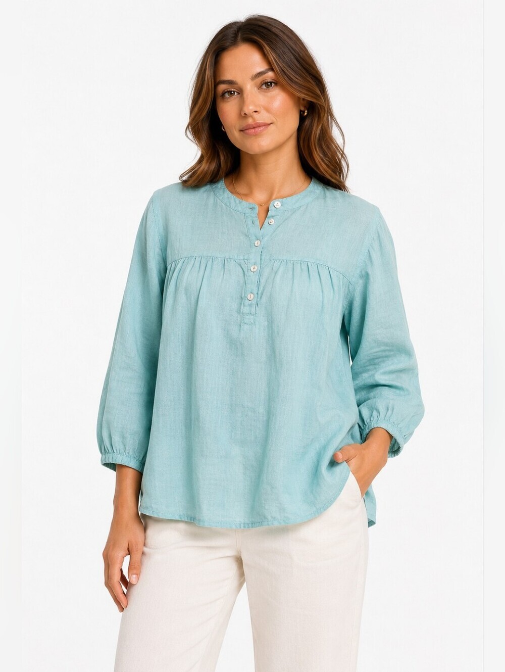 Pure Match 100% Linen Shirt Blouse Women's Large Blue Mother Pearl Buttons USA